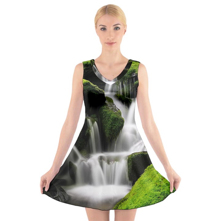 Waterfall Moss Korea Mountain Valley Green Forest V-Neck Sleeveless Dress