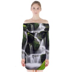 Waterfall Moss Korea Mountain Valley Green Forest Long Sleeve Off Shoulder Dress by Ndabl3x