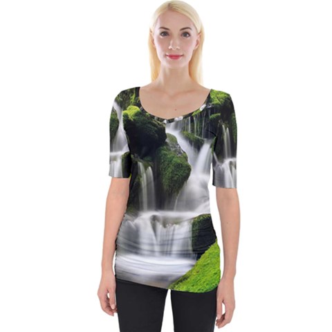 Waterfall Moss Korea Mountain Valley Green Forest Wide Neckline Tee by Ndabl3x