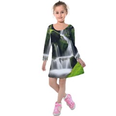 Waterfall Moss Korea Mountain Valley Green Forest Kids  Long Sleeve Velvet Dress by Ndabl3x