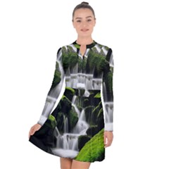 Waterfall Moss Korea Mountain Valley Green Forest Long Sleeve Panel Dress by Ndabl3x