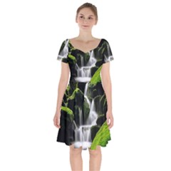 Waterfall Moss Korea Mountain Valley Green Forest Short Sleeve Bardot Dress by Ndabl3x