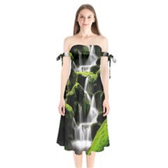 Waterfall Moss Korea Mountain Valley Green Forest Shoulder Tie Bardot Midi Dress by Ndabl3x