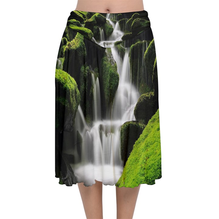 Waterfall Moss Korea Mountain Valley Green Forest Velvet Flared Midi Skirt