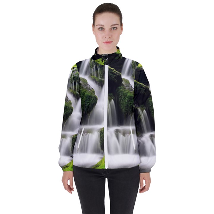 Waterfall Moss Korea Mountain Valley Green Forest Women s High Neck Windbreaker