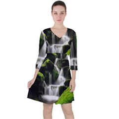 Waterfall Moss Korea Mountain Valley Green Forest Quarter Sleeve Ruffle Waist Dress by Ndabl3x