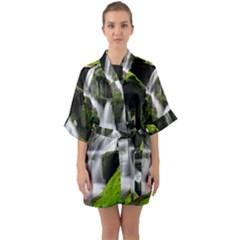 Waterfall Moss Korea Mountain Valley Green Forest Half Sleeve Satin Kimono  by Ndabl3x