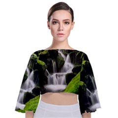 Waterfall Moss Korea Mountain Valley Green Forest Tie Back Butterfly Sleeve Chiffon Top by Ndabl3x