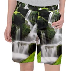 Waterfall Moss Korea Mountain Valley Green Forest Women s Pocket Shorts by Ndabl3x