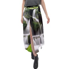 Waterfall Moss Korea Mountain Valley Green Forest Velour Split Maxi Skirt by Ndabl3x