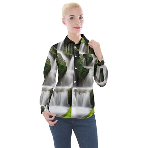 Waterfall Moss Korea Mountain Valley Green Forest Women s Long Sleeve Pocket Shirt by Ndabl3x