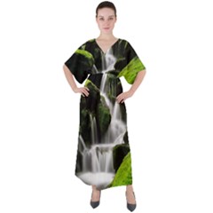 Waterfall Moss Korea Mountain Valley Green Forest V-neck Boho Style Maxi Dress by Ndabl3x