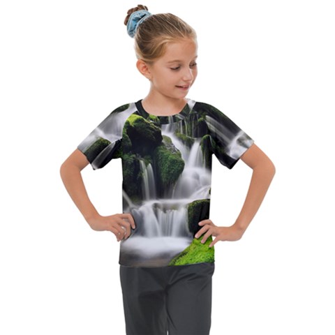 Waterfall Moss Korea Mountain Valley Green Forest Kids  Mesh Piece Tee by Ndabl3x