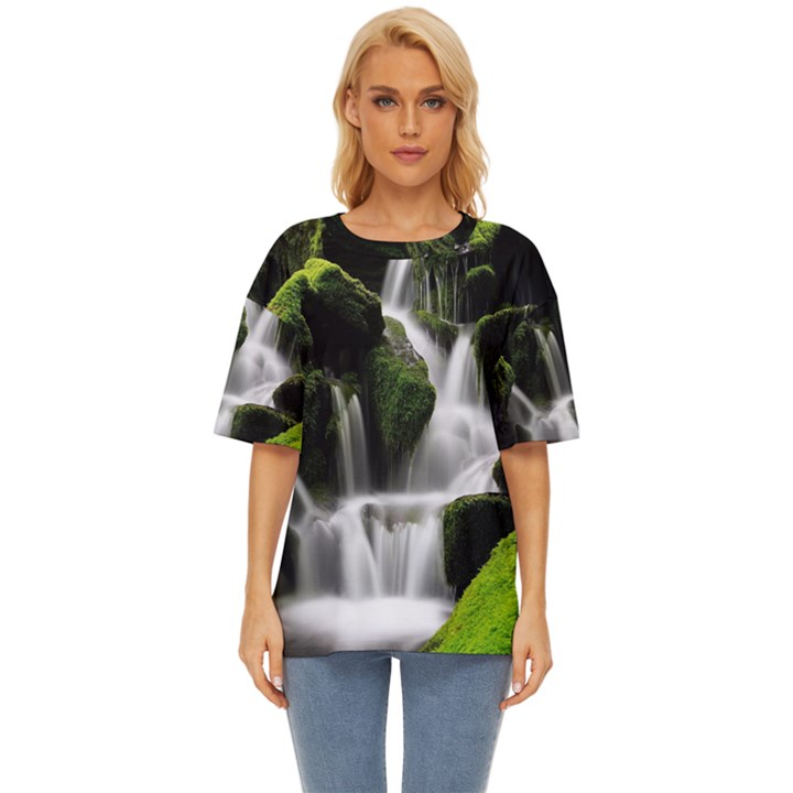 Waterfall Moss Korea Mountain Valley Green Forest Oversized Basic Tee