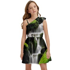 Waterfall Moss Korea Mountain Valley Green Forest Kids  One Shoulder Party Dress by Ndabl3x