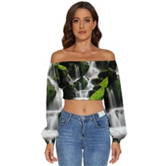 Waterfall Moss Korea Mountain Valley Green Forest Long Sleeve Crinkled Weave Crop Top by Ndabl3x