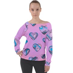 Hearts Pattern Love Off Shoulder Long Sleeve Velour Top