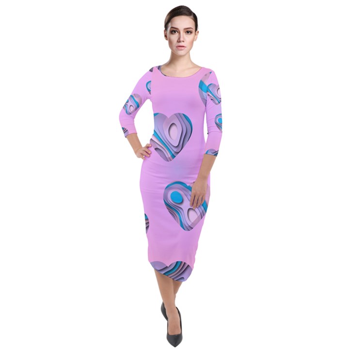 Hearts Pattern Love Quarter Sleeve Midi Velour Bodycon Dress