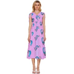 Hearts Pattern Love V-neck Drawstring Shoulder Sleeveless Maxi Dress