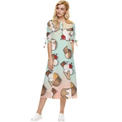 Cupcakes Cake Pie Pattern Bow Sleeve Chiffon Midi Dress