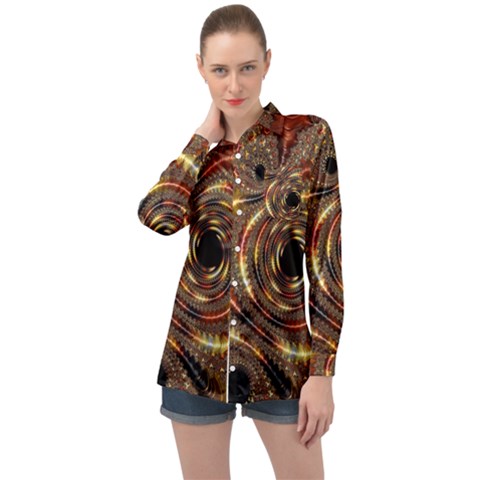 Geometric Art Fractal Abstract Art Long Sleeve Satin Shirt by Ndabl3x