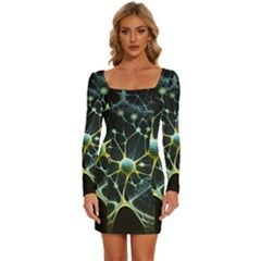 Neuron Network Long Sleeve Square Neck Bodycon Velvet Dress by Ndabl3x