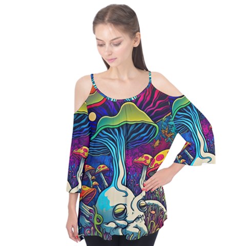 Mushrooms Fungi Psychedelic Flutter Sleeve Tee  by Ndabl3x