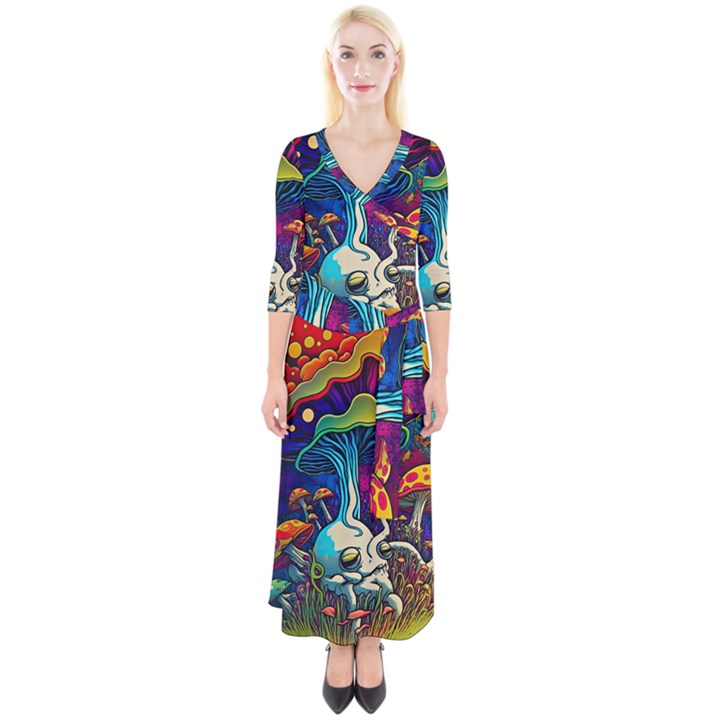 Mushrooms Fungi Psychedelic Quarter Sleeve Wrap Maxi Dress