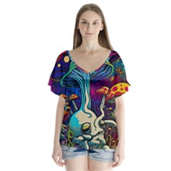 Mushrooms Fungi Psychedelic V-neck Flutter Sleeve Top by Ndabl3x