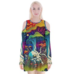 Mushrooms Fungi Psychedelic Velvet Long Sleeve Shoulder Cutout Dress