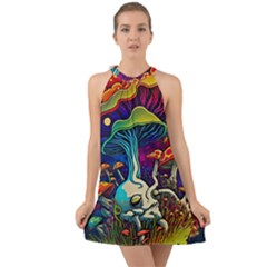 Mushrooms Fungi Psychedelic Halter Tie Back Chiffon Dress by Ndabl3x