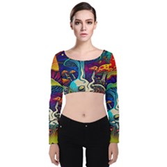 Mushrooms Fungi Psychedelic Velvet Long Sleeve Crop Top by Ndabl3x