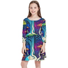 Mushrooms Fungi Psychedelic Kids  Quarter Sleeve Skater Dress by Ndabl3x