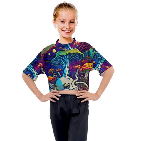 Mushrooms Fungi Psychedelic Kids Mock Neck Tee by Ndabl3x