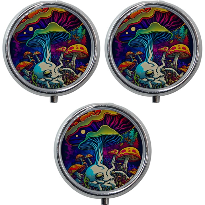 Mushrooms Fungi Psychedelic Mini Round Pill Box (Pack of 3)