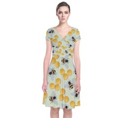 Honey Bee Bees Pattern Short Sleeve Front Wrap Dress by Ndabl3x