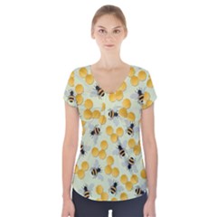 Honey Bee Bees Pattern Short Sleeve Front Detail Top by Ndabl3x