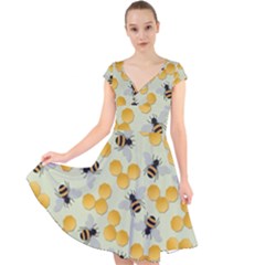 Honey Bee Bees Pattern Cap Sleeve Front Wrap Midi Dress by Ndabl3x