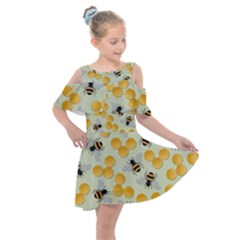 Honey Bee Bees Pattern Kids  Shoulder Cutout Chiffon Dress by Ndabl3x