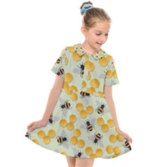 Honey Bee Bees Pattern Kids  Short Sleeve Shirt Dress by Ndabl3x