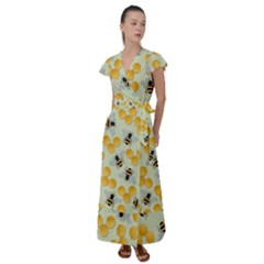 Honey Bee Bees Pattern Flutter Sleeve Maxi Dress by Ndabl3x