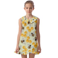 Honey Bee Bees Pattern Kids  Pilgrim Collar Ruffle Hem Dress by Ndabl3x