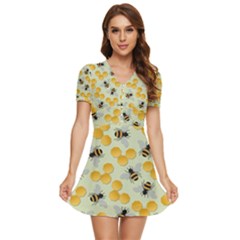 Honey Bee Bees Pattern V-neck High Waist Chiffon Mini Dress by Ndabl3x