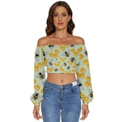 Honey Bee Bees Pattern Long Sleeve Crinkled Weave Crop Top by Ndabl3x