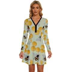 Honey Bee Bees Pattern Long Sleeve Deep V Mini Dress  by Ndabl3x