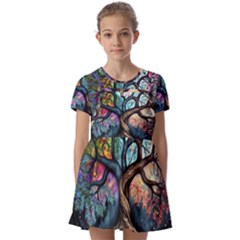 Tree Colourful Kids  Short Sleeve Pinafore Style Dress by Ndabl3x