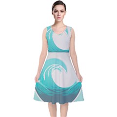 Waves Tidal Ocean Sea Tsunami Wave Minimalist V-Neck Midi Sleeveless Dress 