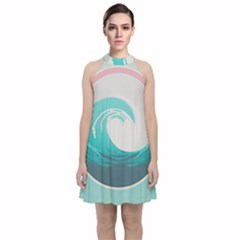 Waves Tidal Ocean Sea Tsunami Wave Minimalist Velvet Halter Neckline Dress 