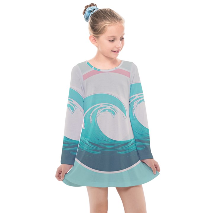 Waves Tidal Ocean Sea Tsunami Wave Minimalist Kids  Long Sleeve Dress