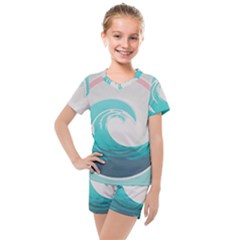 Waves Tidal Ocean Sea Tsunami Wave Minimalist Kids  Mesh Tee and Shorts Set